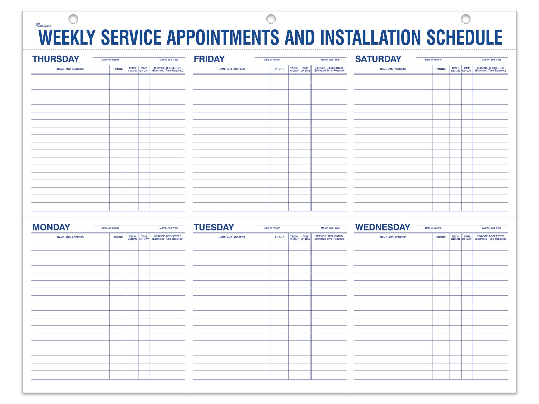 Route Sheet - Form 9927 - Weekly Appointments
