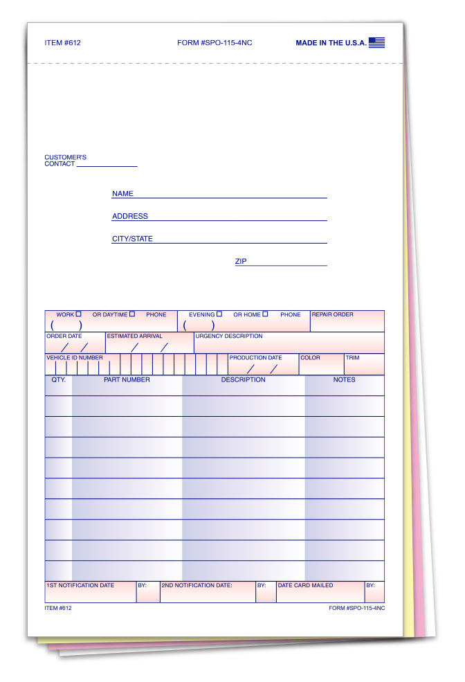 Special Parts Order Form, SPO-115-4NC