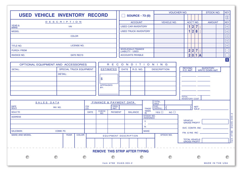 Used Vehicle Inventory Cards - 8" x 5 5/8"