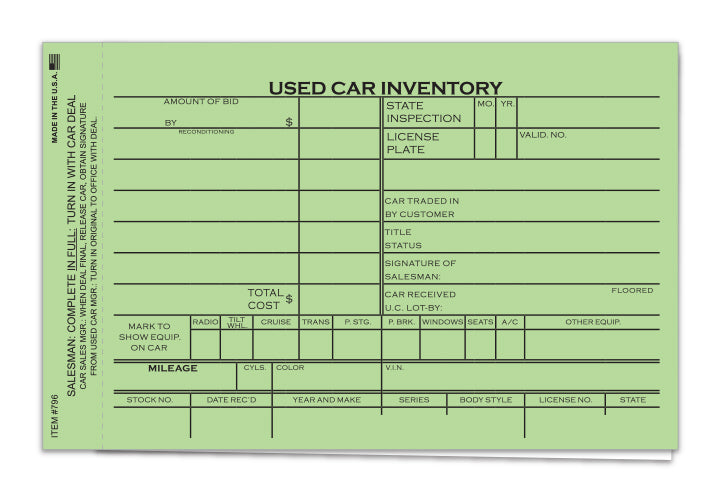 Used Car Inventory Card - 6 5/8" x 4 1/4"