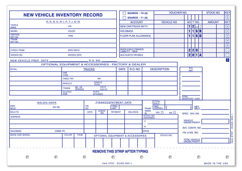 New Vehicle Inventory Cards - 8" x 5 5/8"